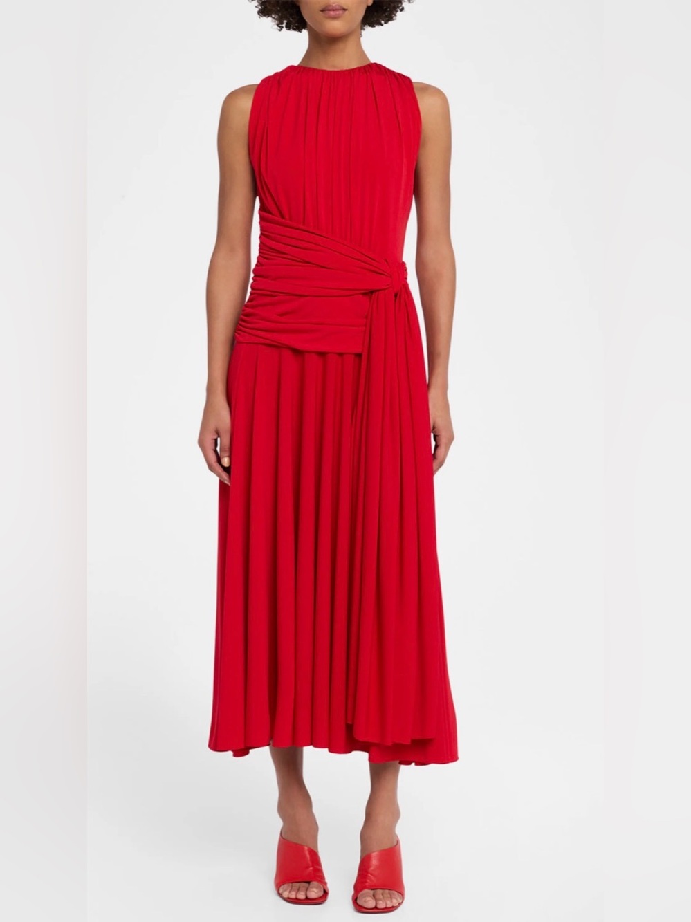 Brandon Maxwell Red Draped Jersey Sleeveless Knot-Waist Midi Dress
